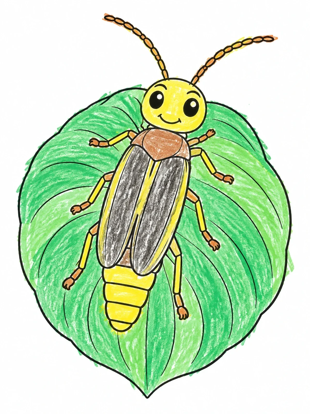 Colored example of the Cute Firefly On Broad Leaf coloring page