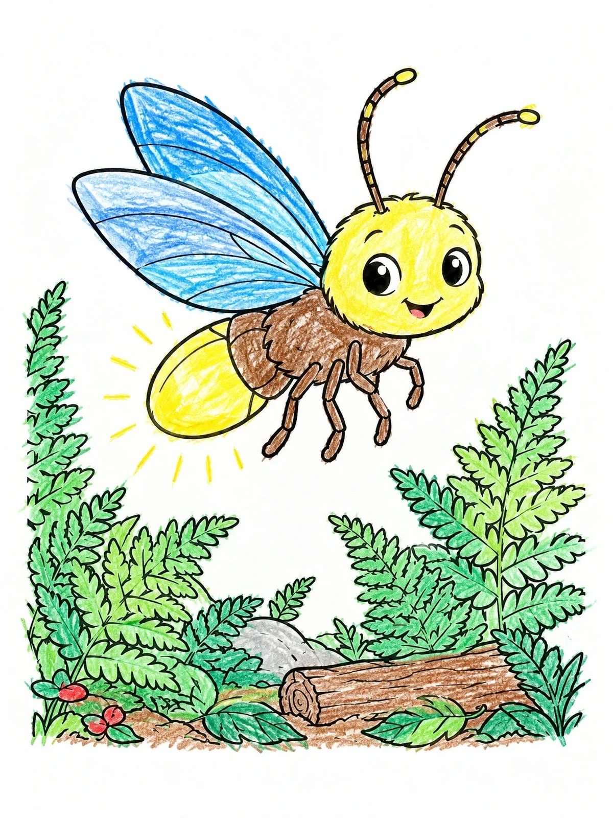 Colored example of the Cute Firefly Glowing Over Forest Ferns coloring page