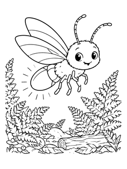 Free printable Cute Firefly Glowing Over Forest Ferns coloring page