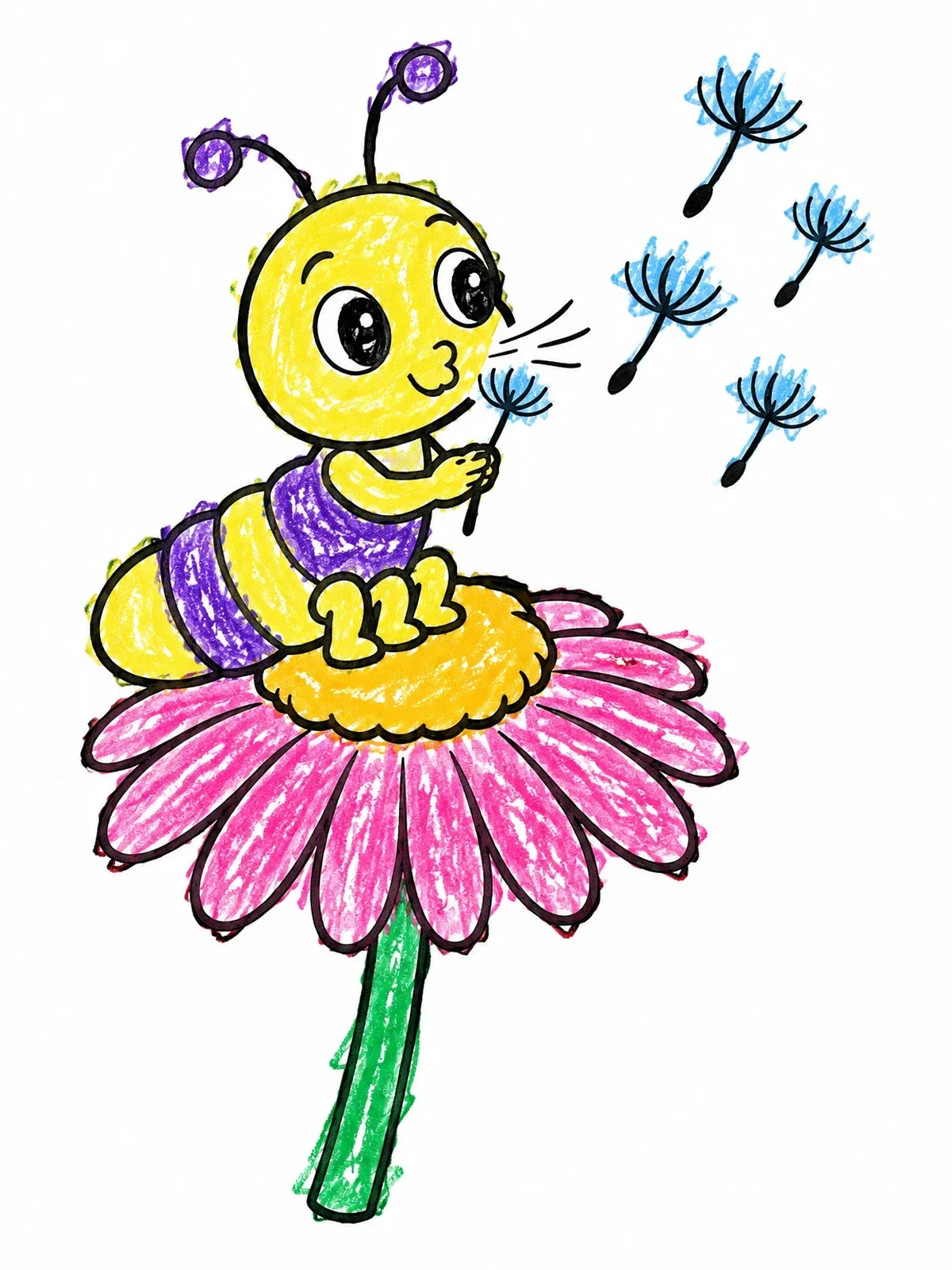 Colored example of the Cute Glowworm Blowing Dandelion Seeds coloring page