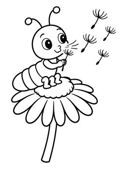 Free printable Cute Glowworm Blowing Dandelion Seeds coloring page