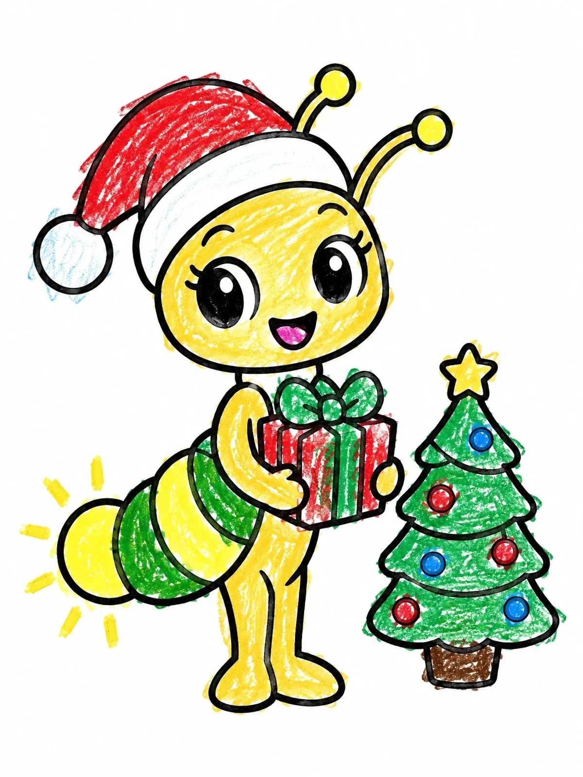 Colored example of the Festive Glowworm With Christmas Present coloring page