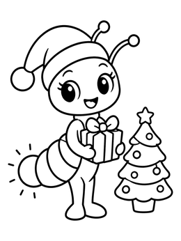 A cute glowworm with a Santa hat and gift on this lightning bugs coloring page.