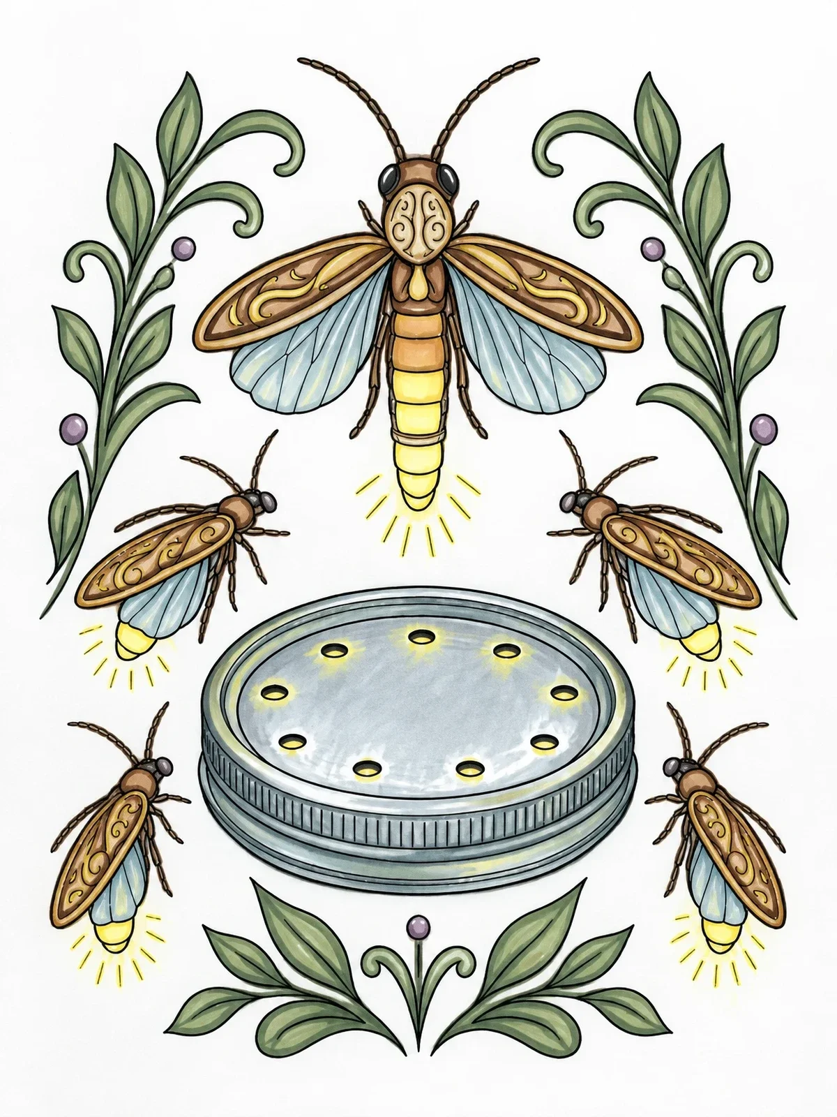Colored example of the Glowing Fireflies And Canning Jar Lid coloring page