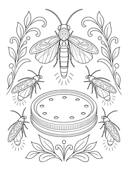 A detailed lightning bugs coloring page featuring glowing fireflies around a perforated jar lid.