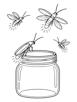 Glowing fireflies soar near a glass jar in this lightning bugs coloring page.
