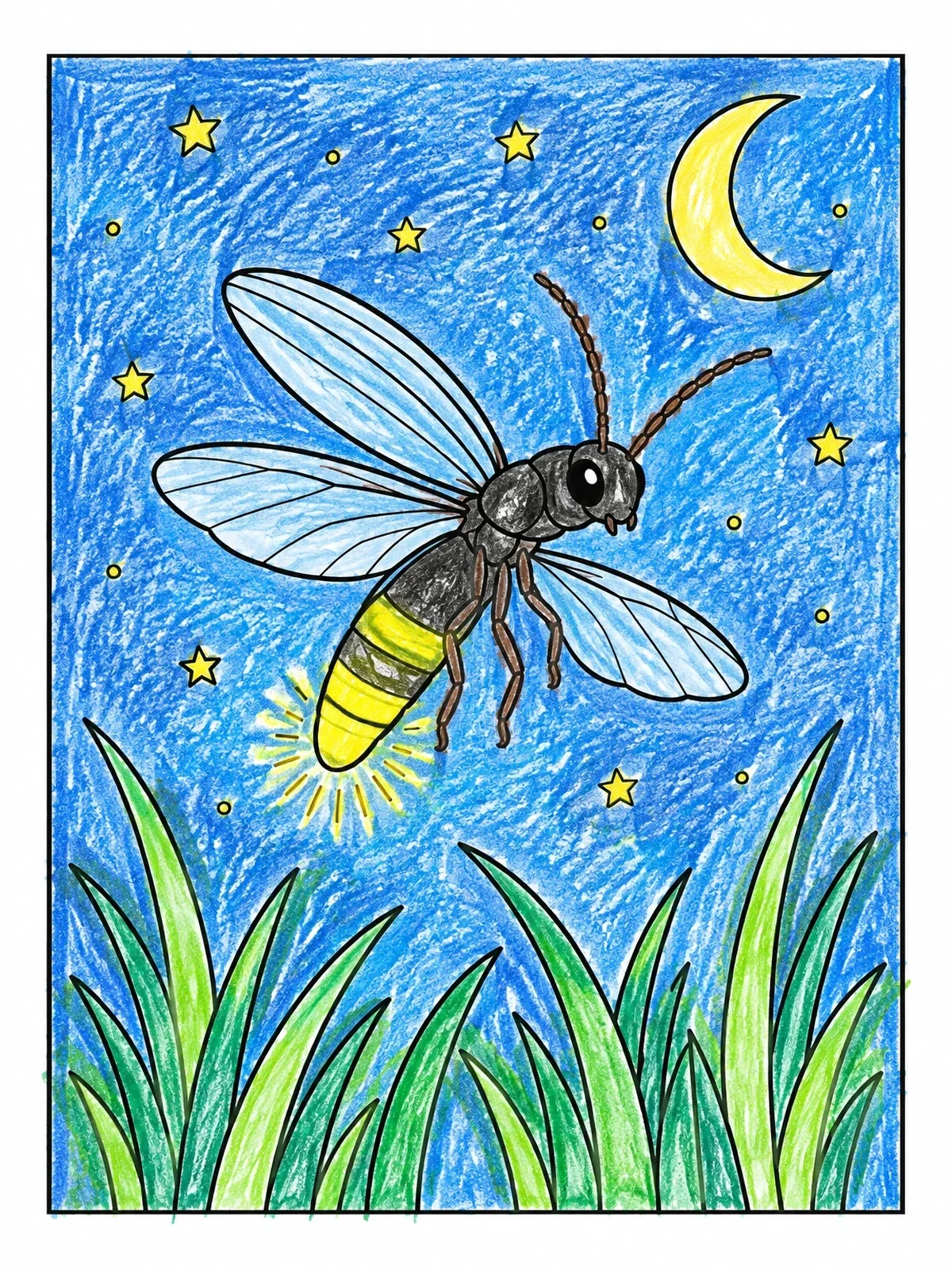 Colored example of the Firefly Glowing Over Night Grass coloring page