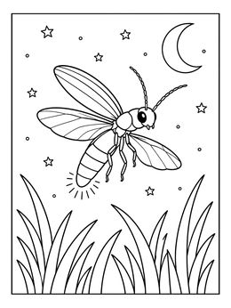 A glowing bug in the sky on this lightning bugs coloring page with a crescent moon.