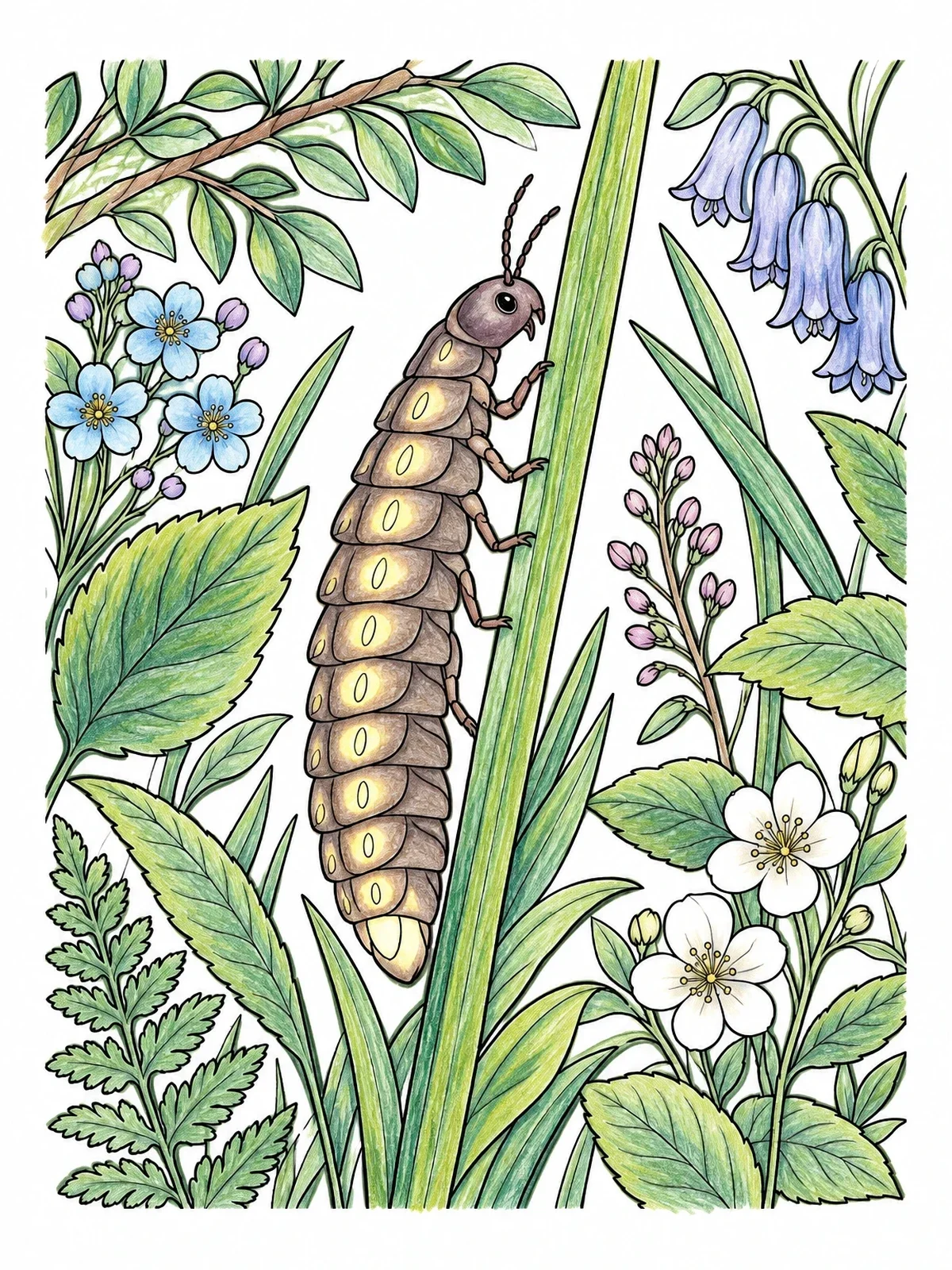 Colored example of the Glowworm Larva On Grass Stem coloring page