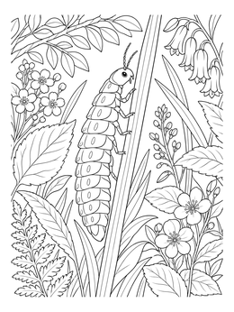 A detailed lightning bugs coloring page featuring a glowworm larva climbing among garden foliage.