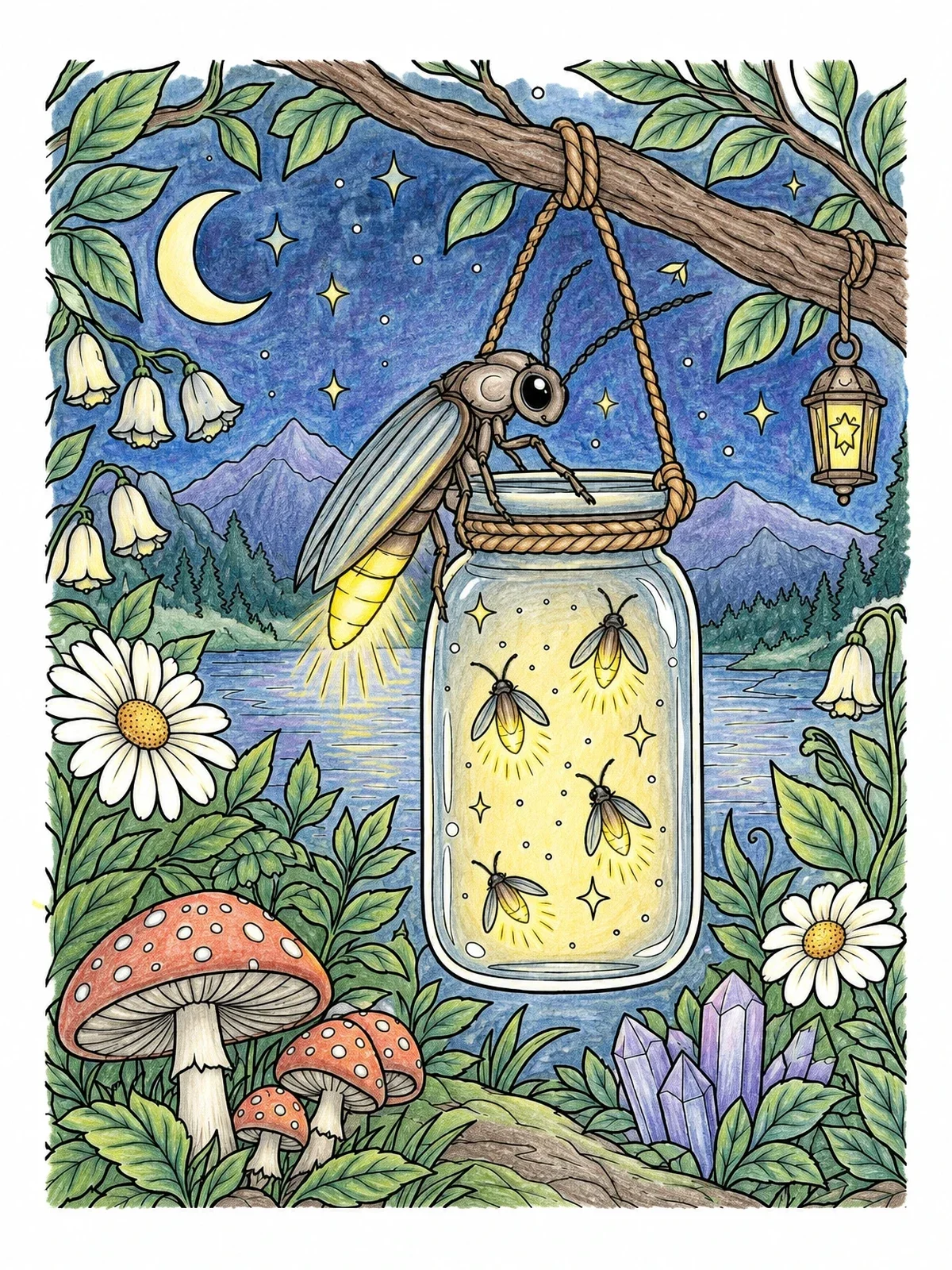 Colored example of the Hanging Firefly Jar At Night coloring page