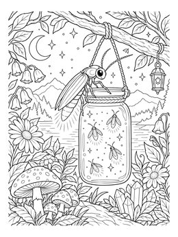 A magical lightning bugs coloring page showing glowing insects inside a hanging glass jar in the woods.