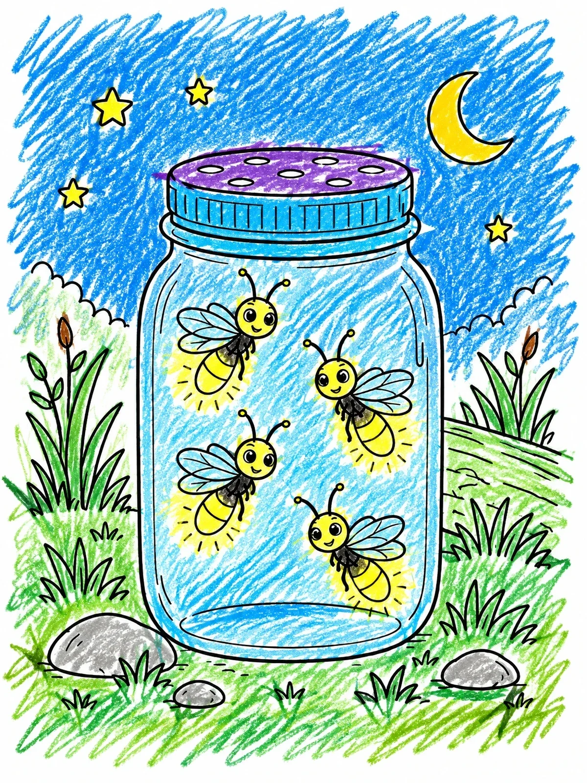 Colored example of the Cute Lightning Bugs In A Jar coloring page