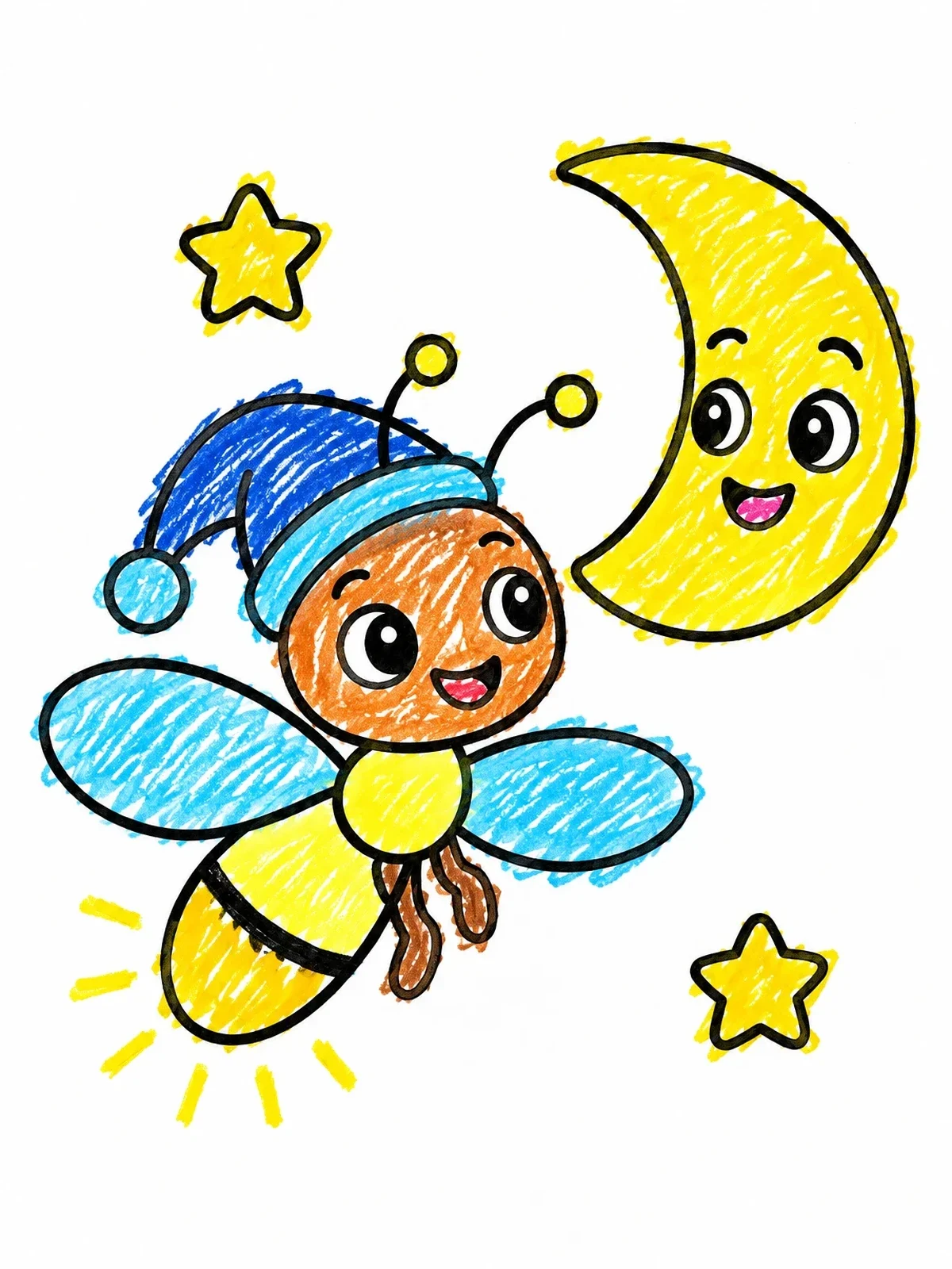 Colored example of the Sleepy Firefly And Crescent Moon coloring page