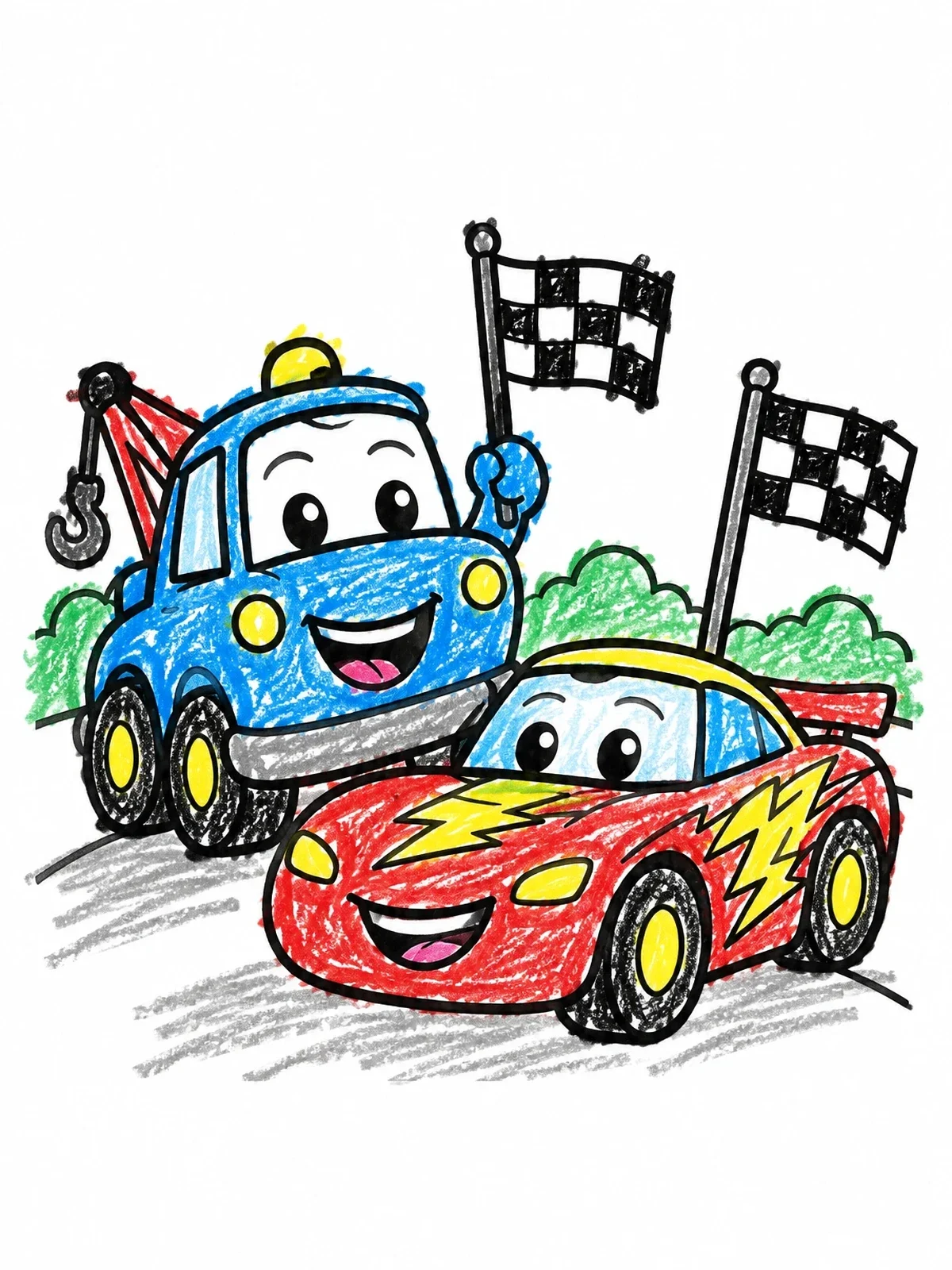 Colored example of the Cheerful Race Car And Tow Truck coloring page