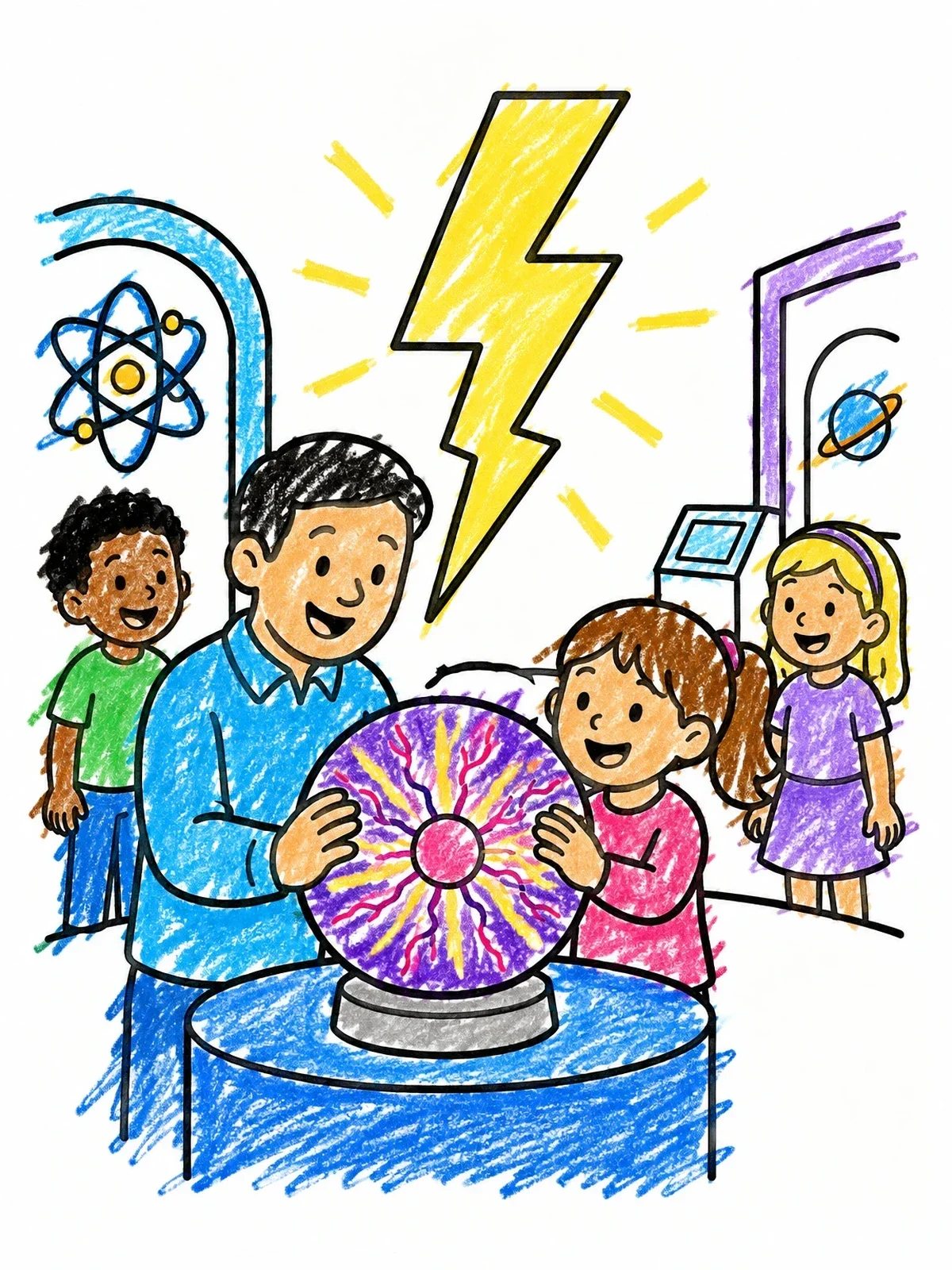 Colored example of the Family Exploring A Plasma Ball coloring page