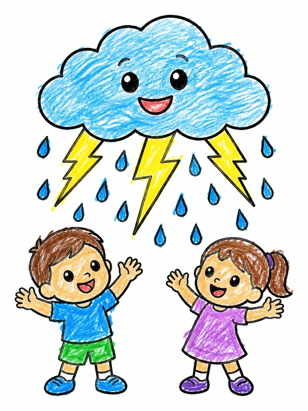 Colored example of the Happy Storm Cloud With Kids coloring page