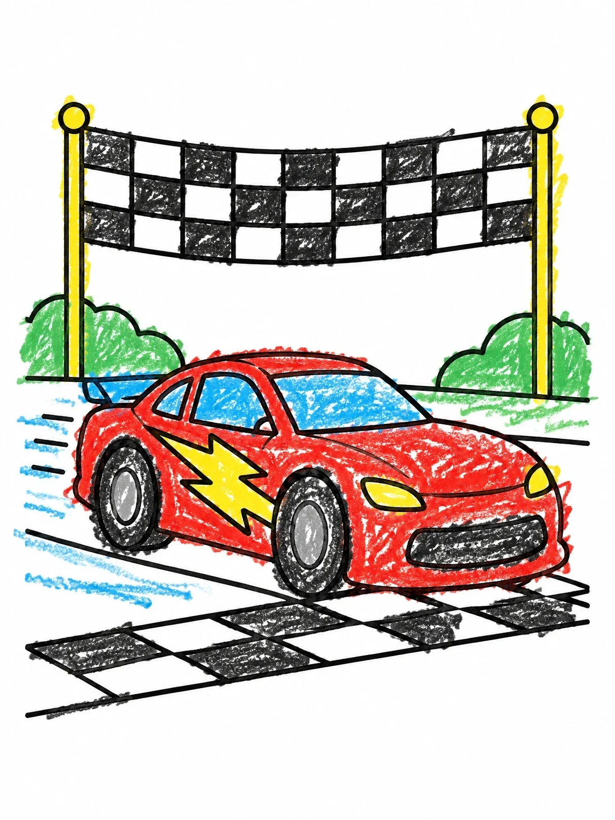 Colored example of the Lightning Race Car Finish Line coloring page