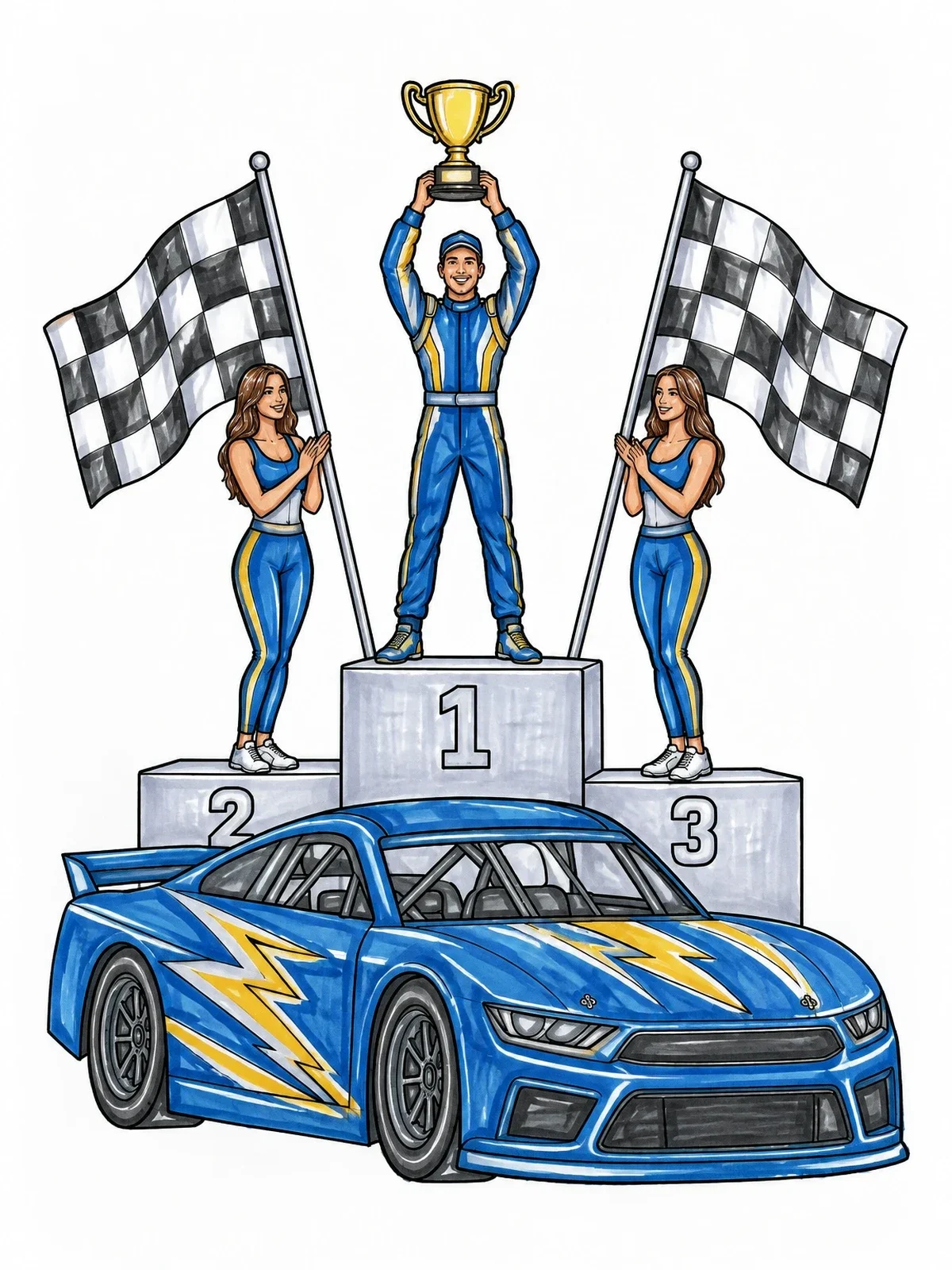Colored example of the Racing Victory Lane Celebration coloring page