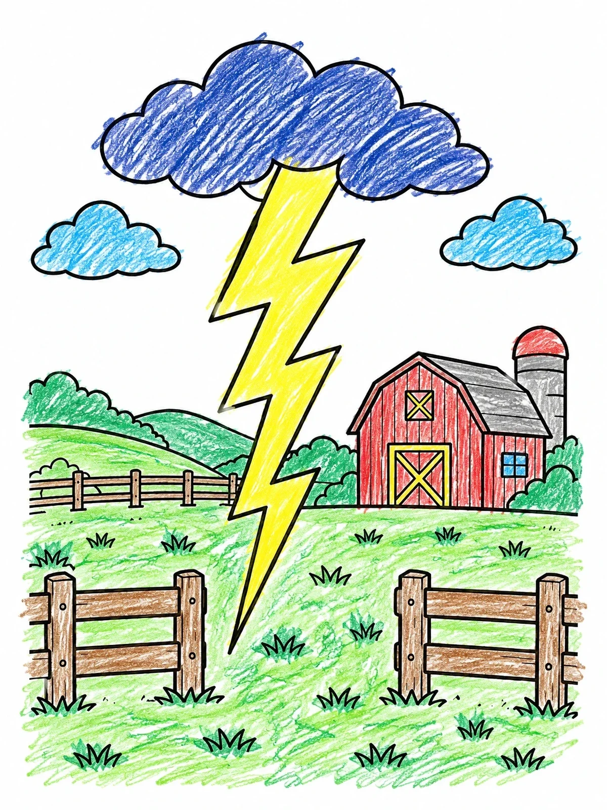 Colored example of the Lightning Strike Over Farm coloring page