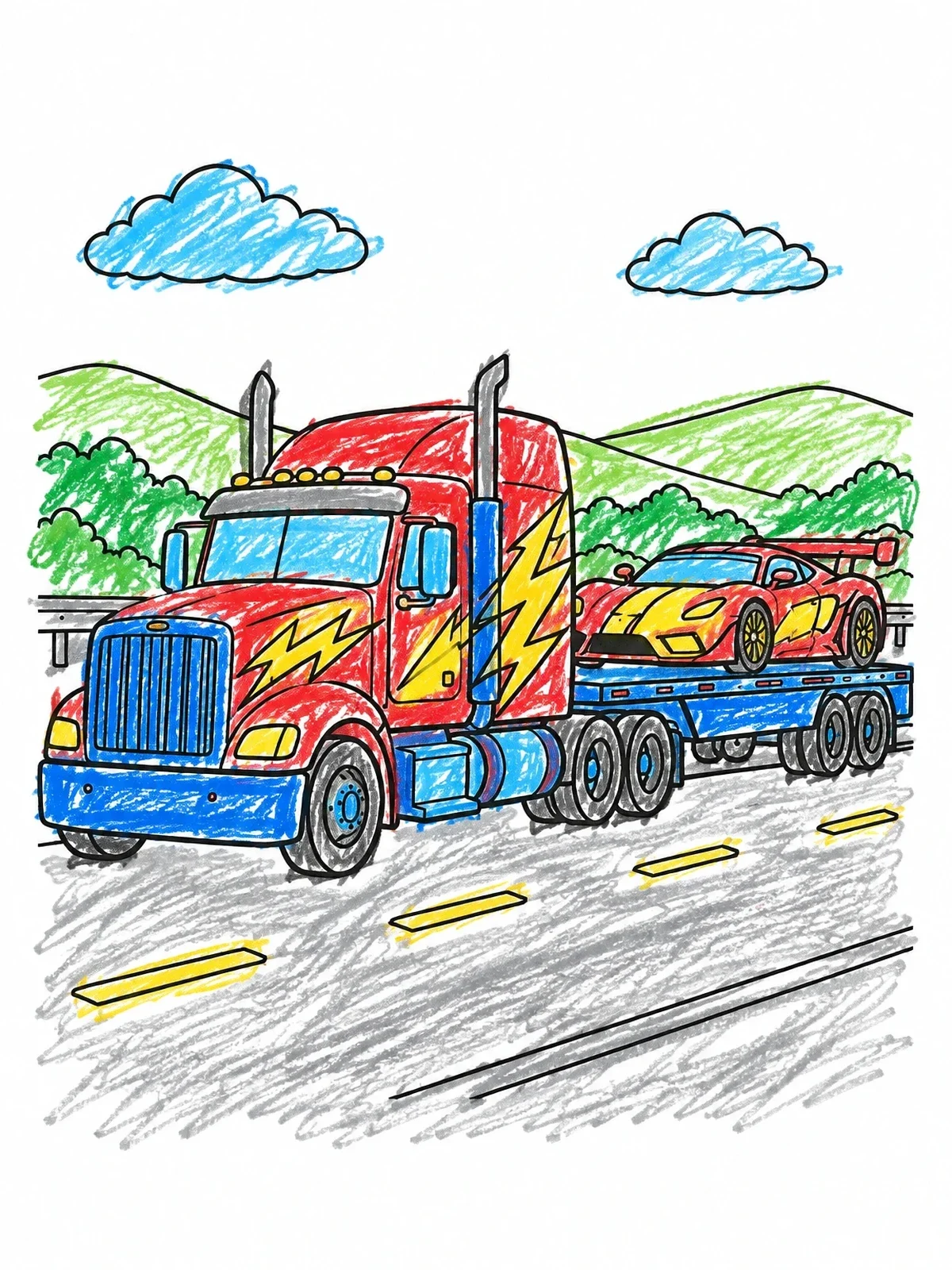 Colored example of the Lightning Truck Hauling Race Car coloring page
