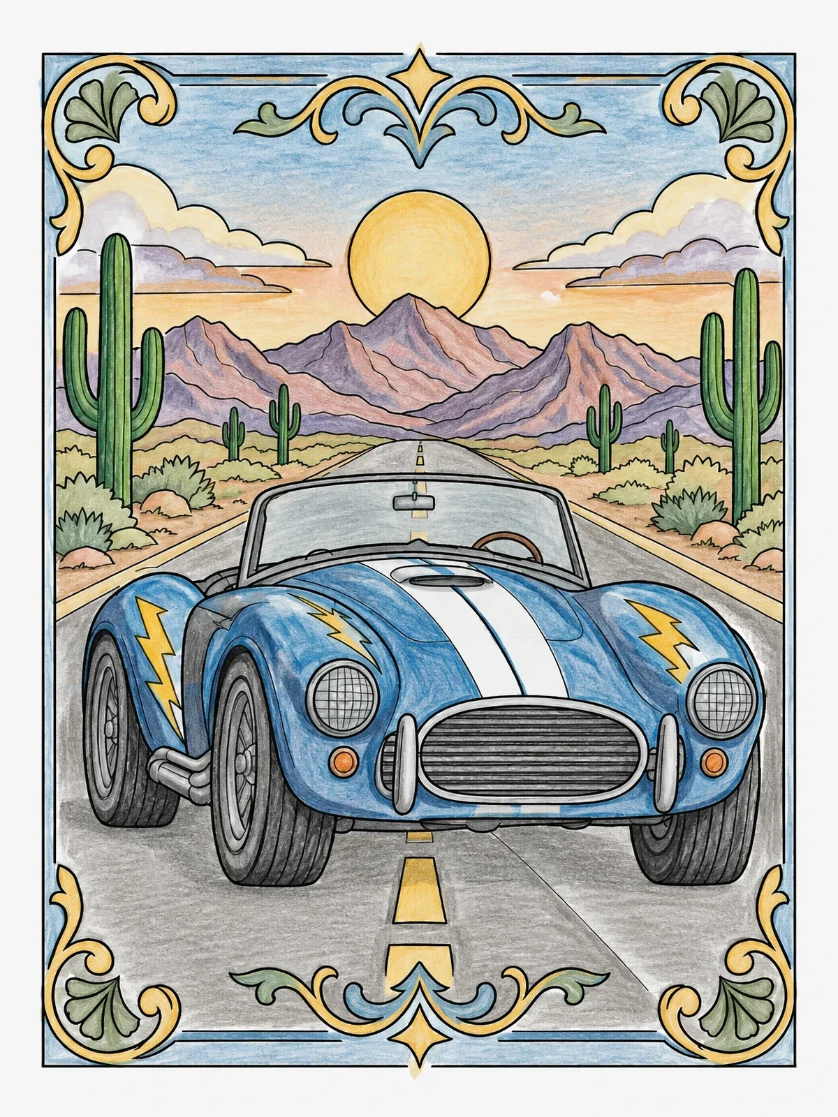 Colored example of the Vintage Roadster In The Desert coloring page