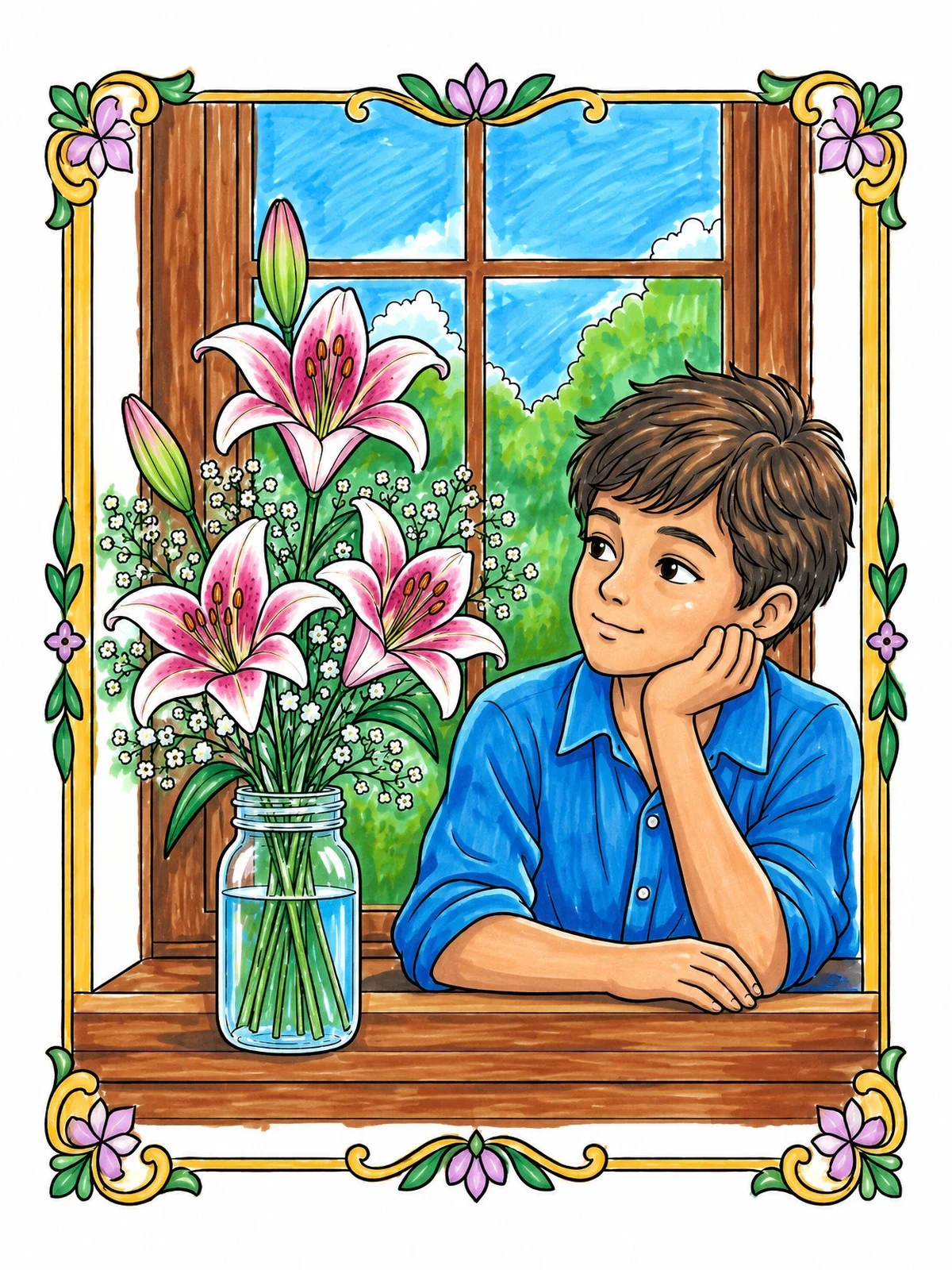 Colored example of the Boy By Window With Lily Bouquet coloring page