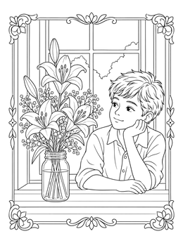 Free printable Boy By Window With Lily Bouquet coloring page