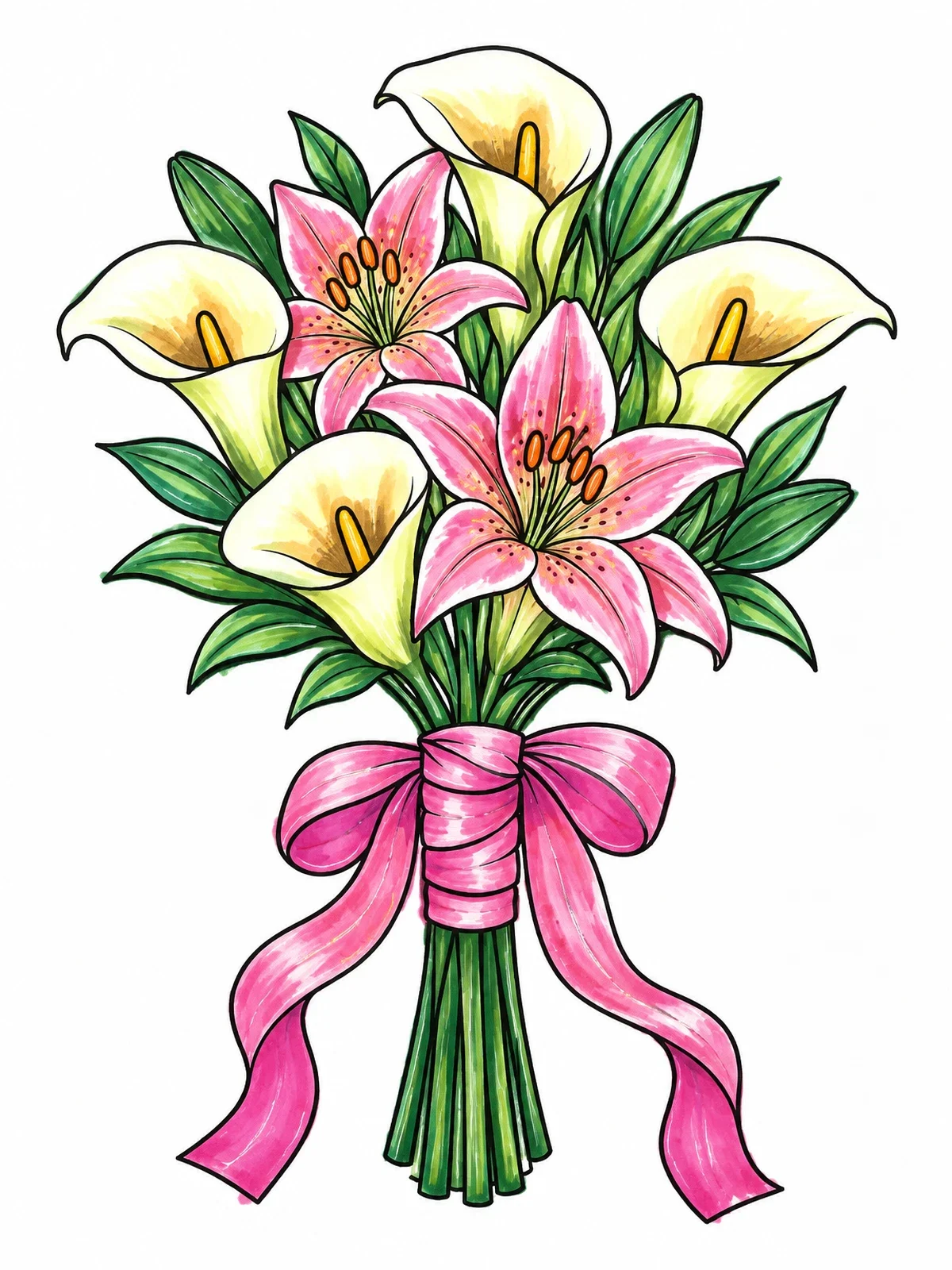 Colored example of the Bridal Bouquet With Lilies And Ribbons coloring page