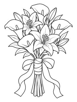 Free printable Bridal Bouquet With Lilies And Ribbons coloring page