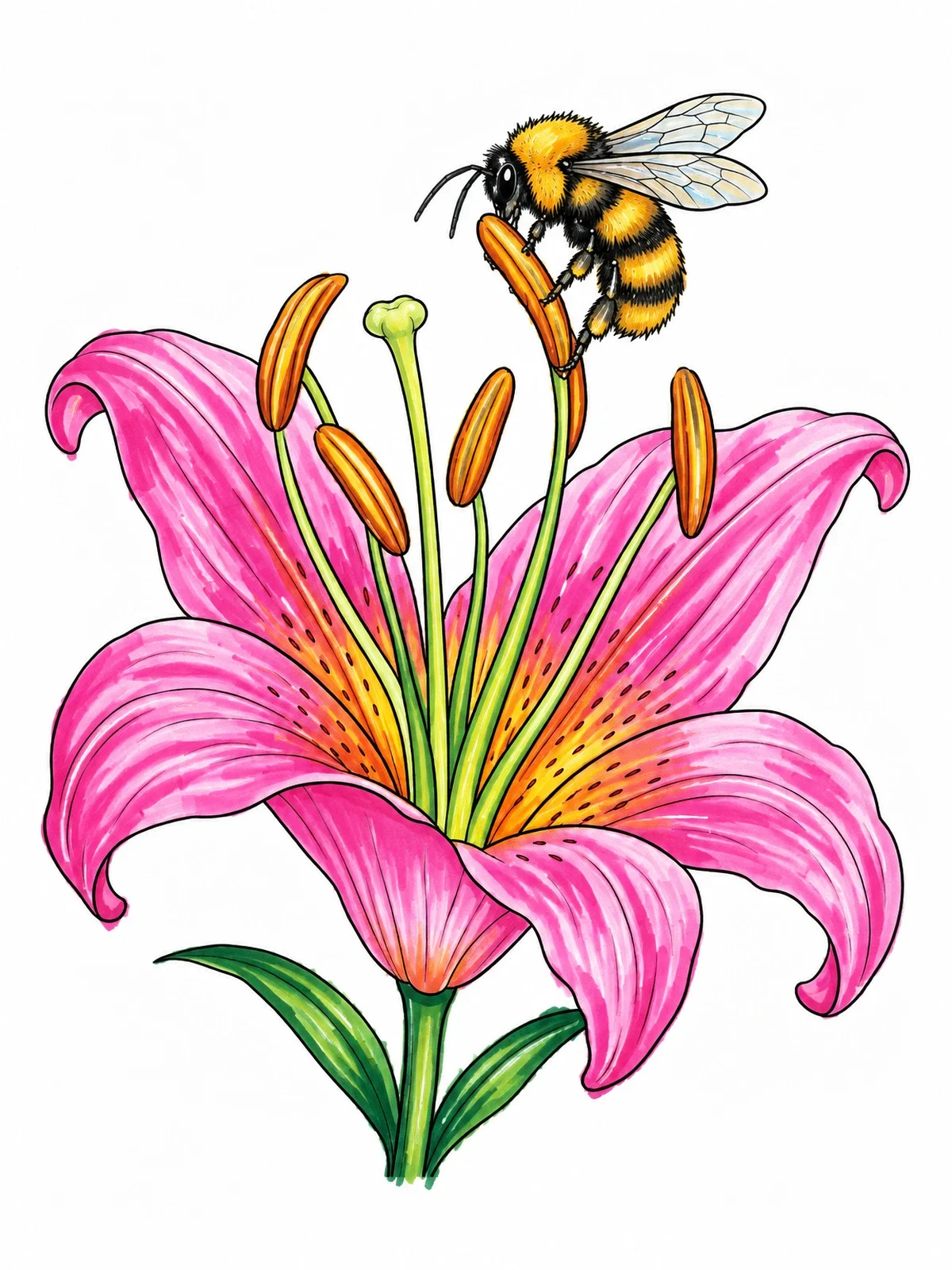 Colored example of the Bumblebee On Blooming Lily Blossom coloring page