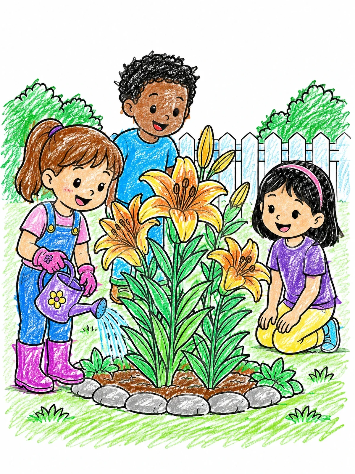 Colored example of the Children Watering Blooming Garden Lilies coloring page