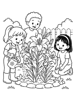 Free printable Children Watering Blooming Garden Lilies coloring page