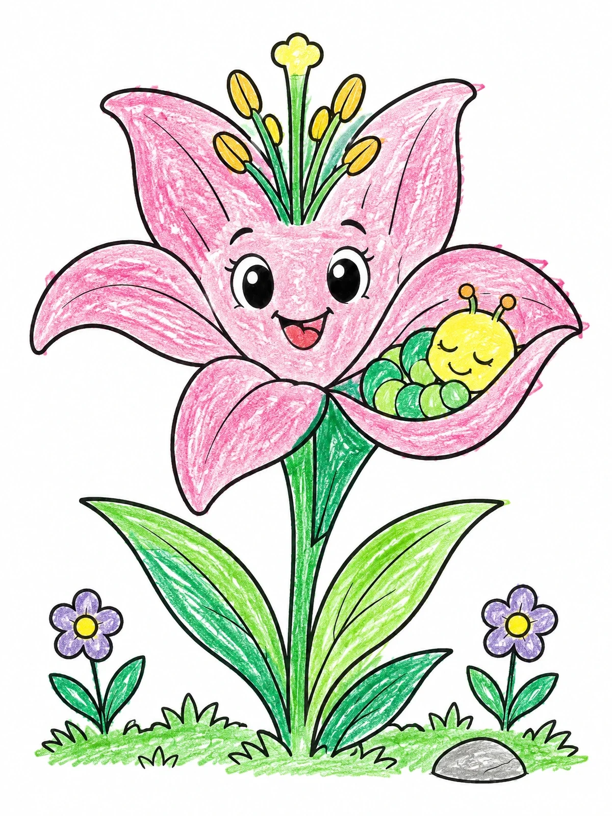 Colored example of the Cute Lily Flower With Sleeping Caterpillar coloring page