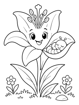 Free printable Cute Lily Flower With Sleeping Caterpillar coloring page