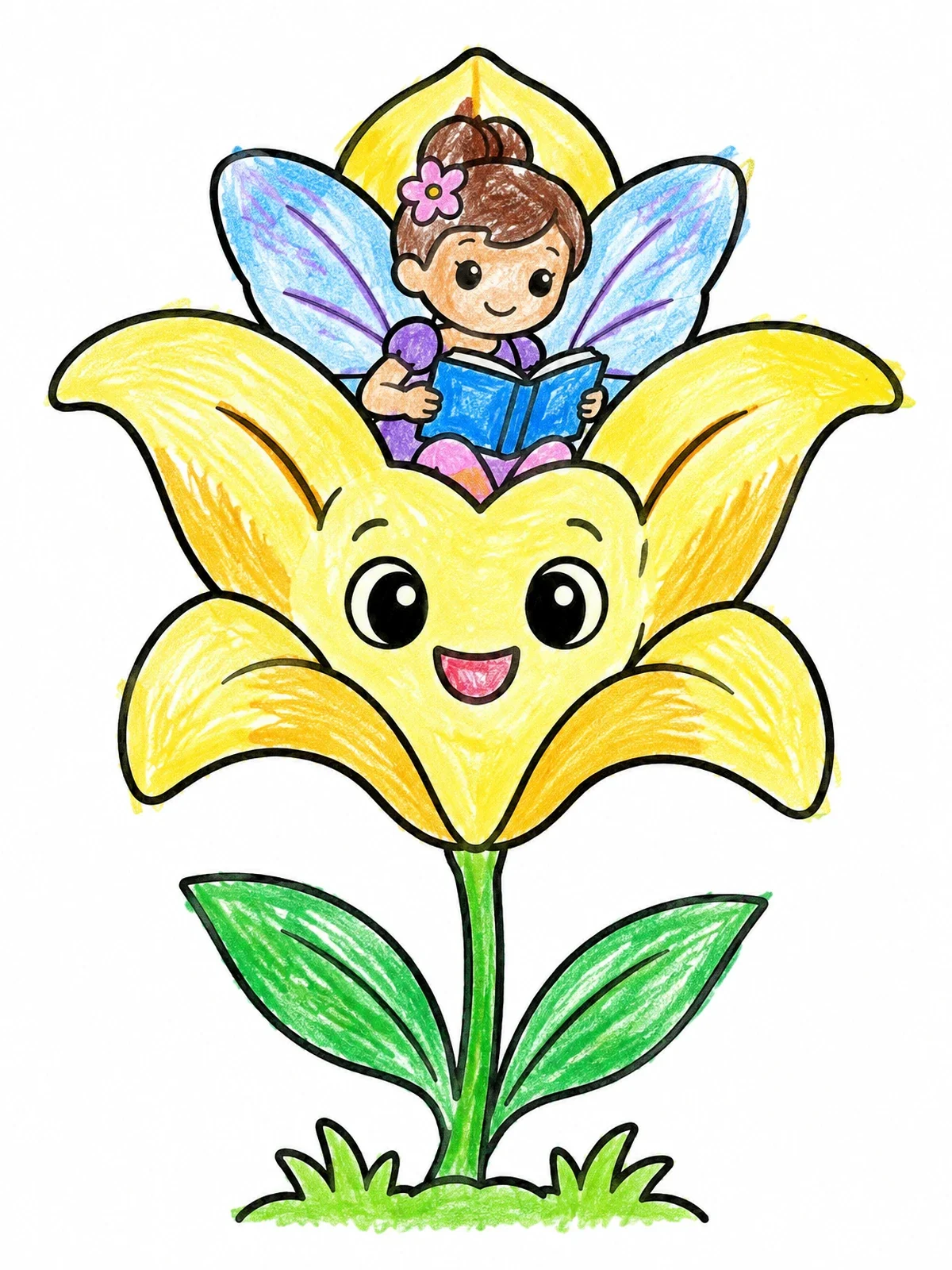 Colored example of the Little Fairy Reading On Lily Flower coloring page