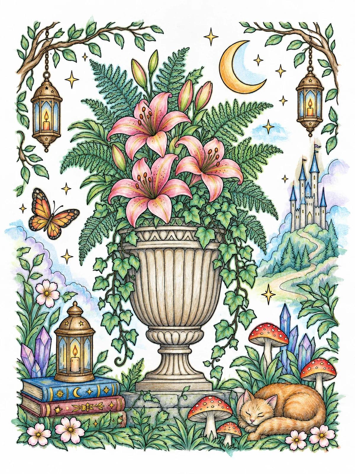 Colored example of the Fluted Lily Urn And Sleeping Cat coloring page