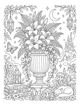 Free printable Fluted Lily Urn And Sleeping Cat coloring page