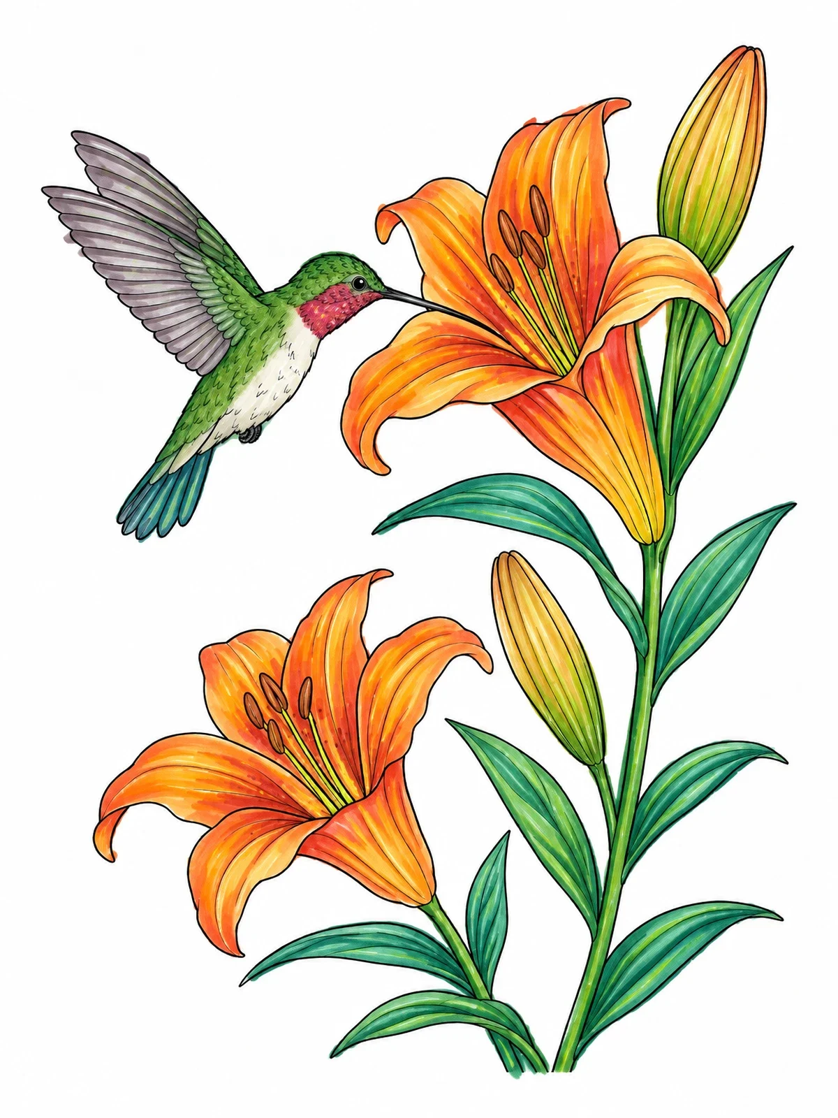 Colored example of the Hummingbird And Blooming Lily Flowers coloring page