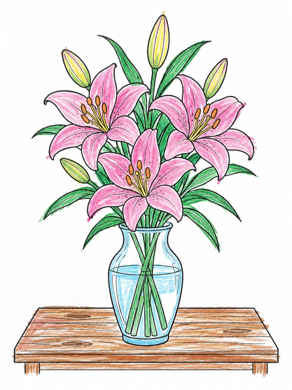 Colored example of the Lilies In A Glass Vase coloring page