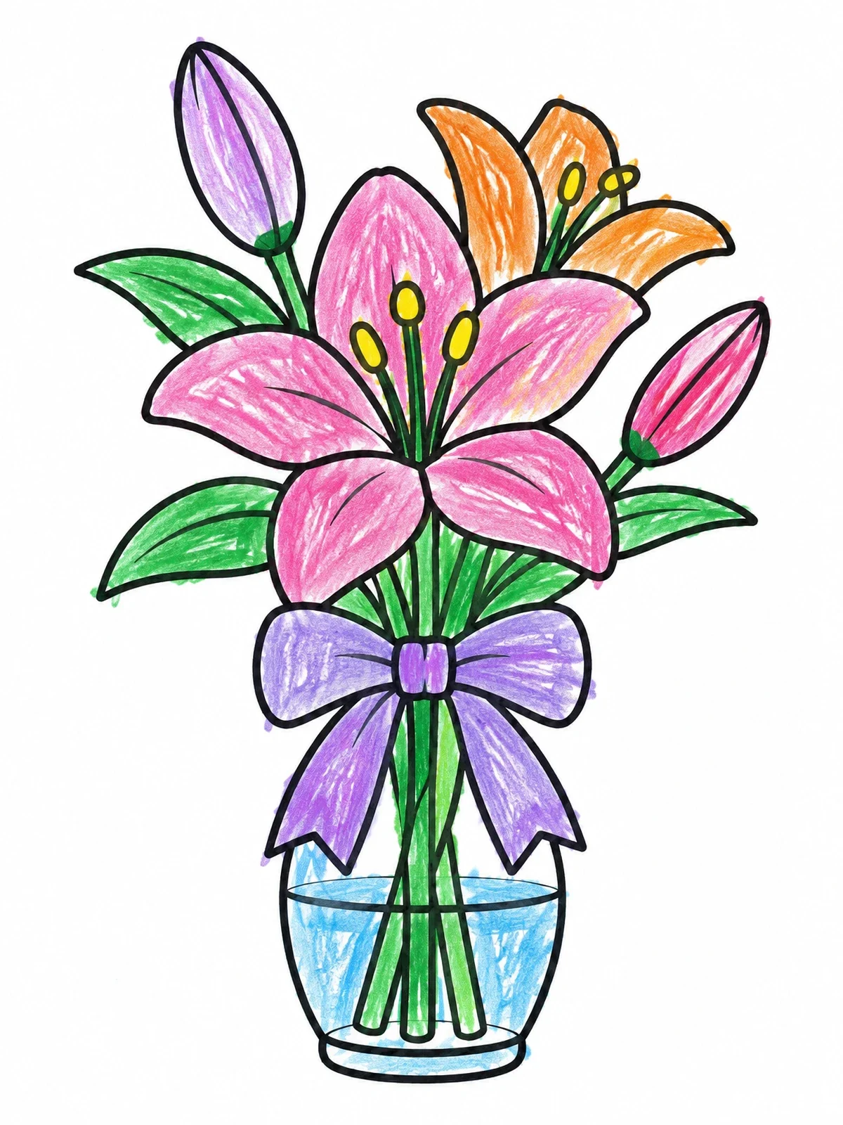 Colored example of the Lily Bouquet In Glass Vase coloring page