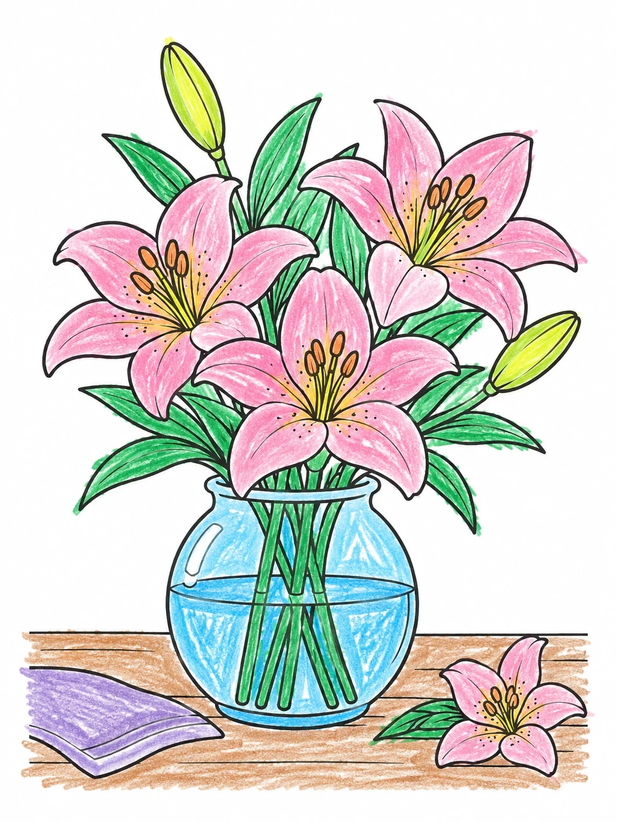 Colored example of the Lily Bouquet In Glass Vase coloring page