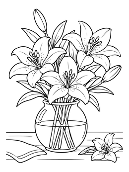 Free printable Lily Bouquet In Glass Vase coloring page