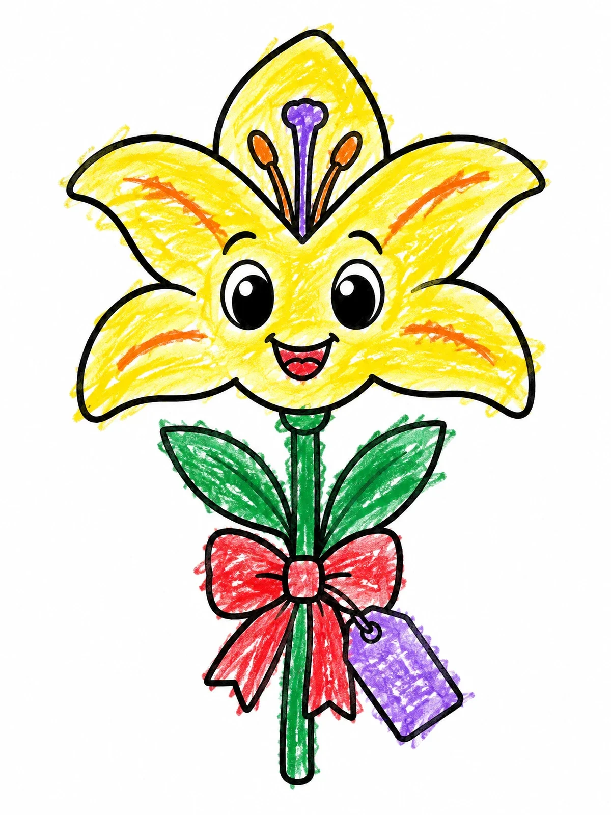 Colored example of the Smiling Lily With Gift Bow coloring page