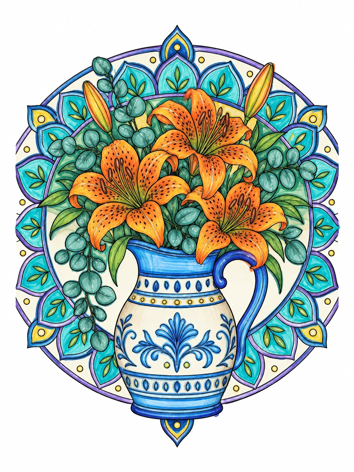 Colored example of the Tiger Lilies In Ceramic Pitcher coloring page