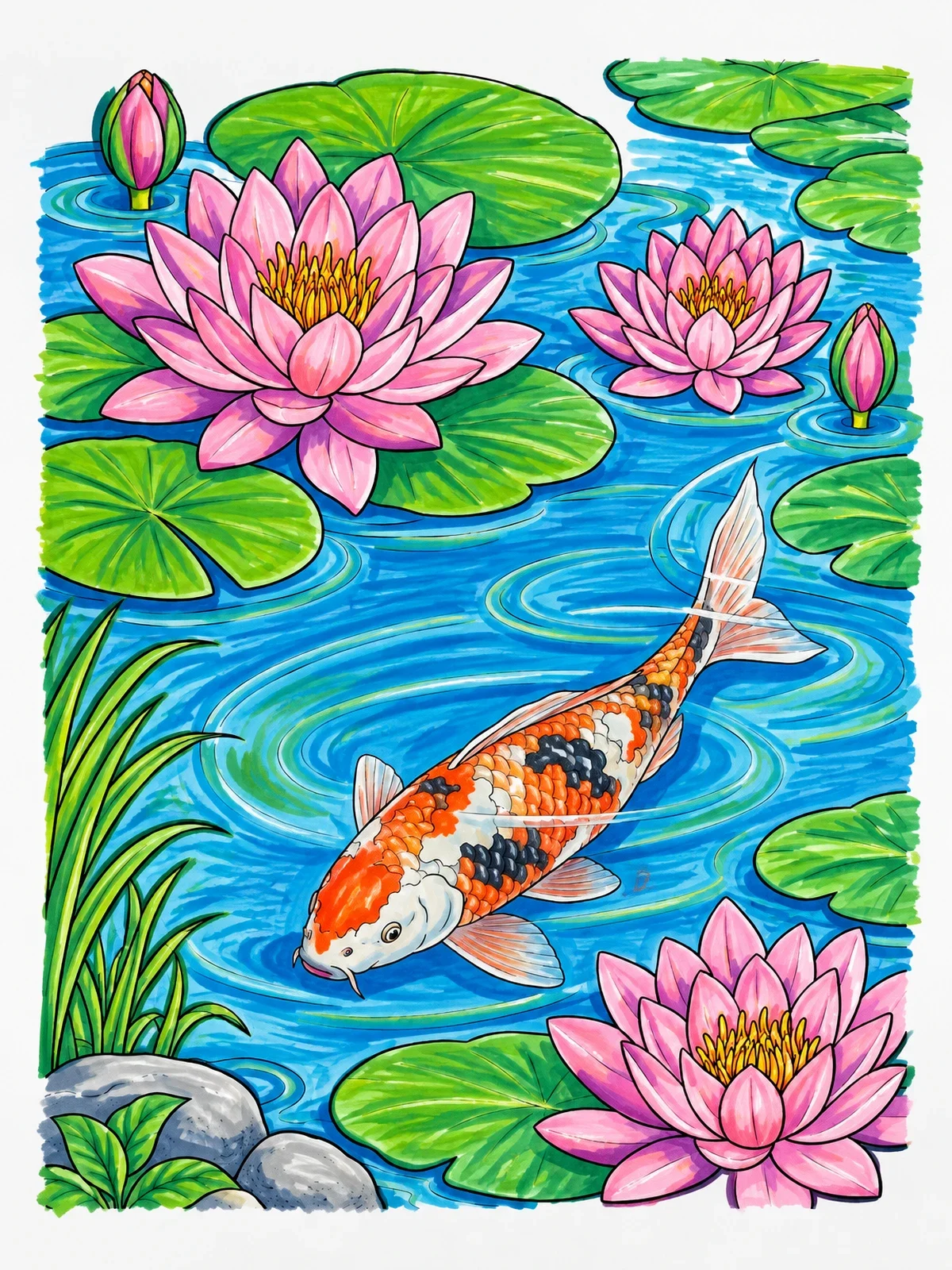 Colored example of the Koi Fish And Water Lilies Pond coloring page