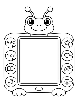 A playful frog-themed tablet with icons on this lily pad coloring page.