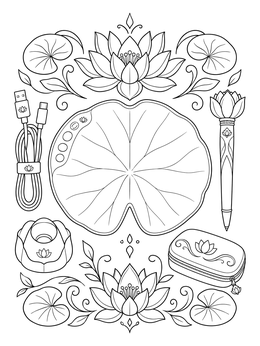 A creative lily pad coloring page featuring a digital art tablet, stylus, and lotus accessories.
