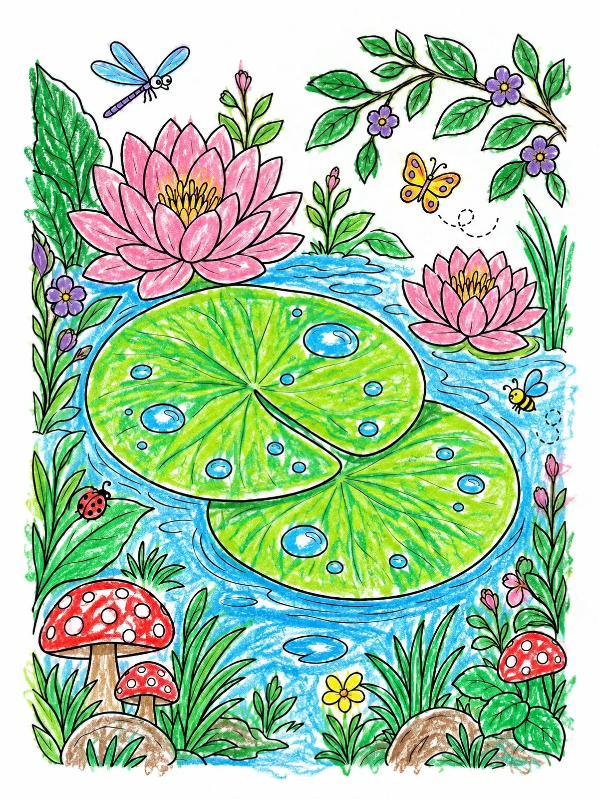 Colored example of the Lily Pads In A Forest Pond coloring page