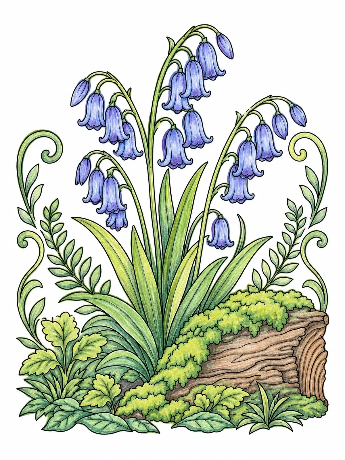 Colored example of the Blooming Woodland Bluebells And Mossy Log coloring page